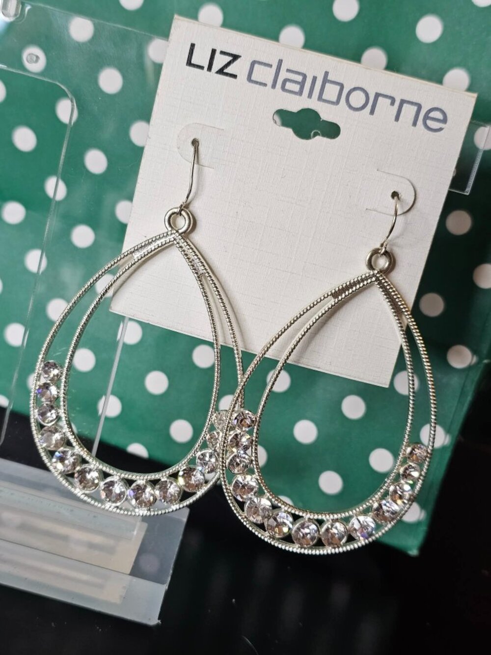 Liz Claiborne Silver Tone Teardrop Rhinestone Earrings